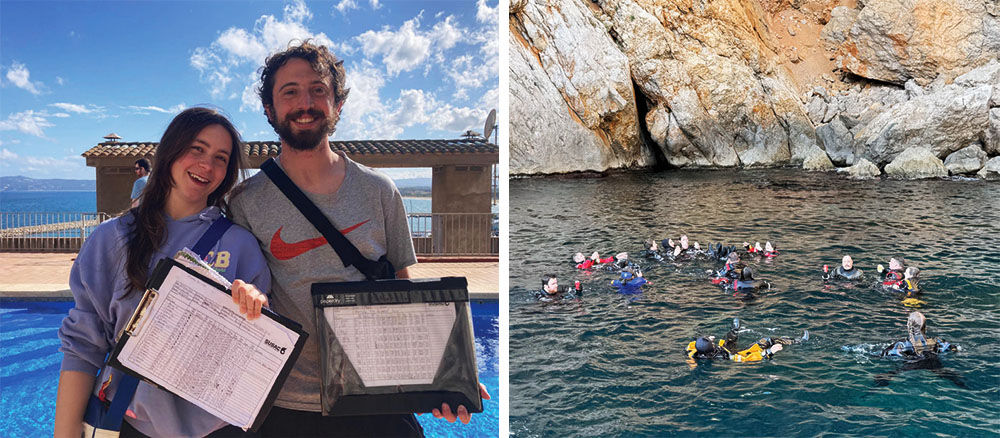 2 divers showing off their clipboard lists (left) Group of divers frolicking on the water in a cove (right)