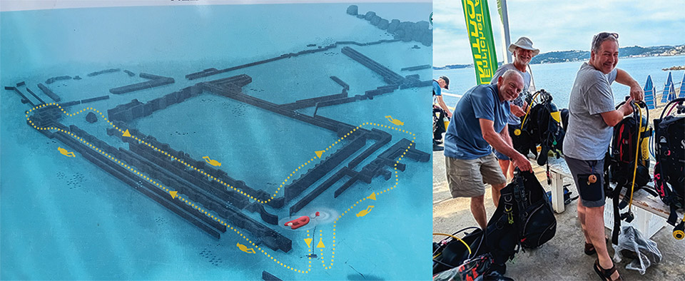 left: Dive trail for Villa dei Pisoni | Right: Huw Roberts, Jon Parlour and Ian James prepare for a unique dive