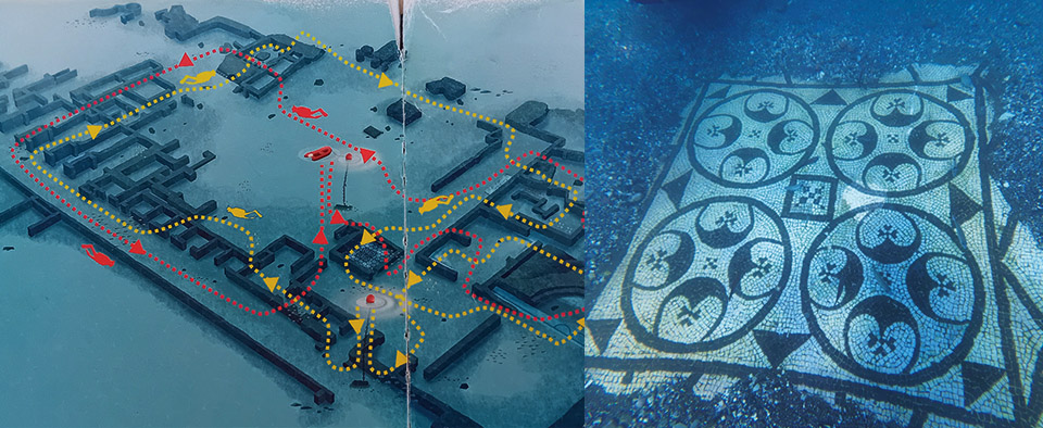 Left: Dive trails for Villa Protiro | Right: Villa Protiro mosaic floor